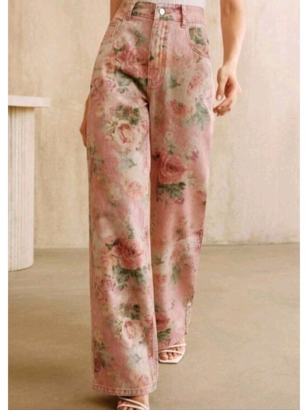 Anewsta Denim Floral Wide Leg Pants XS Women’s Boho Cottagecore 100% Cotton